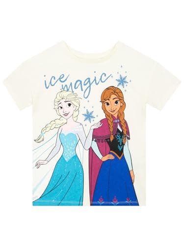 Image of Disney Frozen Girls Tshirt, Elsa & Anna Print Girls Top, Short Sleeve Summer Kids Tshirt, 3-4 Years White