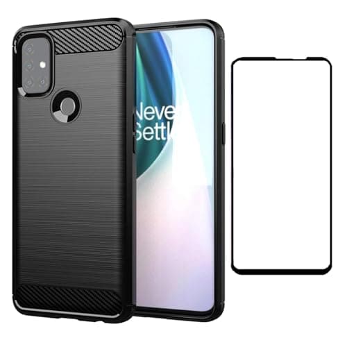 Image of Compatible with OnePlus Nord N100 Phone Case with Screen Protector Cover Grip Slim Silicone Shockproof Cell Accessories Carbon Fiber One Plus N 100 4G 1 Plus 1plus One+ 1+ 100N for Women Men Black