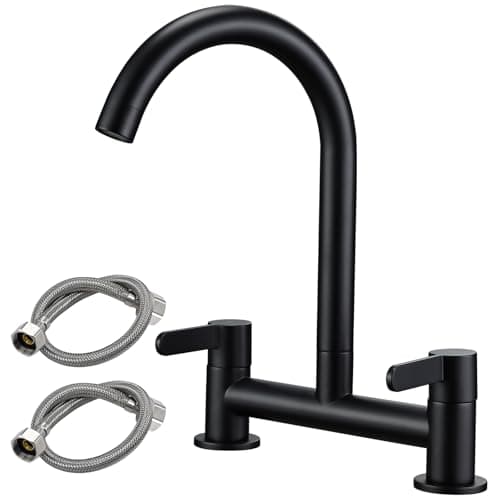 Image of Peppermint Matt Black Kitchen Sink Mixer Taps 2 Hole Dual Lever Mixer Tap Kitchen Sink 180MM Centers Deck Mounted Bridge Taps Brass Traditional Two Hole Faucet 360° Swivel Spout