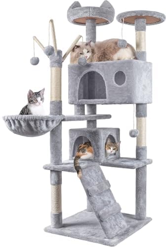 Image of HOMIDEC Cat Tree,151cm Cat Tower for Indoor Kitty,Scratching Post Stable Activity Centre Climbing Tree with 4 Sisal Posts,3 cat teasing sticks,2 Kitty Houses,Hammock,Ladder,and Rest Place.Grey