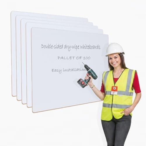 Image of Metroplan Industrial Frameless Whiteboard Bundle, 1200 x 900 mm, Dry-Wipe Laminate, 9mm MDF, Double-Sided, Plain and Grid Surface, Pallet of 100 Boards - for Scheduling and Planning