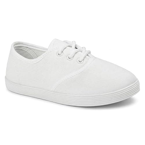 Image of Kids Boys Girls School PE Pumps Plimsolls Shoes Unisex Children Gym Sports Trainers Black White Touch Fastening Slip On Lace Up Canvas PE Pumps Back to School- Lace Up White Kids 11