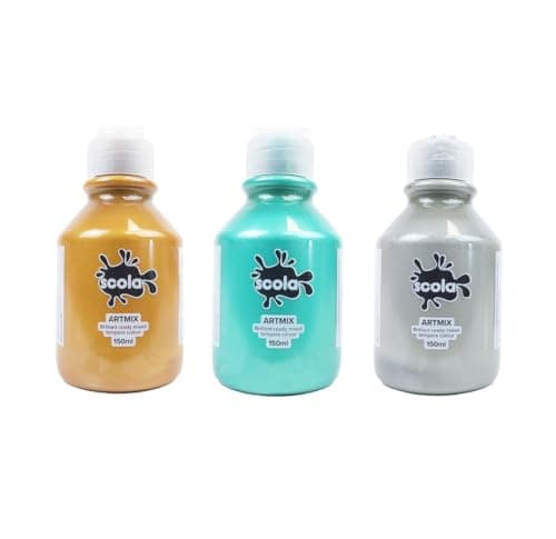 Image of scola Readymix Water Based Tempera Paint, 3 Assorted Metallic Colours, 150ml Bottles, Non-Toxic Poster Paints, Craft Projects, Suitable for 3+