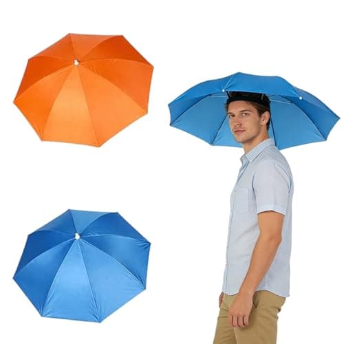 Image of Wnzdp Umbrella Hat Adult, Hands-Free Head Umbrella for Fishing and Outdoor Activities, Wide 53 cm Diameter Coverage, Set of Two Caps in Orange and Blue Colours