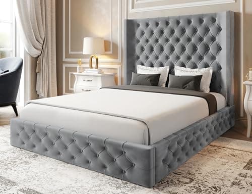 Image of Furnishion Elysia Wingback Single Bed Frame 3ft, Modern Plush Velvet Panelled Design, Luxury Wooden Single Bed Frame for Bedroom, Durable, Stylish & Comfortable Bed Frame Single in Silver Plush