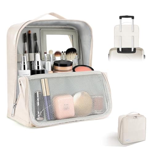 Image of Travel Makeup Bag, CS COSDDI Make Up Bags for Women Large Capacity Cosmetic Bags Waterproof Toiletry Bag with Luggage Compartment Tie and Detachable Mirror, Leather Portable Standing Makeup Bag