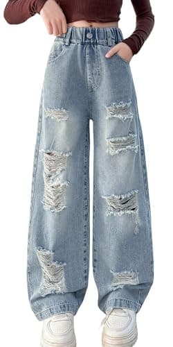 Image of Maeau Girls Jeans Wide Leg Denim Pants Ripped Baggy High Waisted with Pockets Teen Casual Kids Blue 10-11 Years