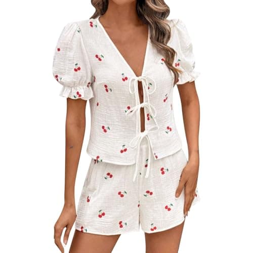 Image of Generisch Women's Shorts with Ruffles and Print Short Tops, White, M