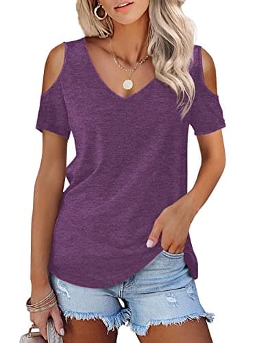 Image of Beluring Ladies Tops Sexy V Neck Short Sleeve Cold Shoulder Tunic Shirts Purple Size 18 20