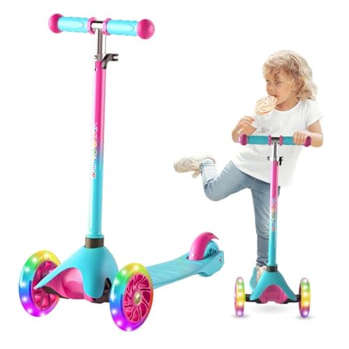 Image of FAYDUDU 3 Wheel Scooter Kids Scooters Age 2-5 Kick Scooter for Toddlers Girls Boys, Light up Wheels, Adjustable Height, Lean to Steer, Non-Slip Deck, Lightweight for Children (Blue Pink)