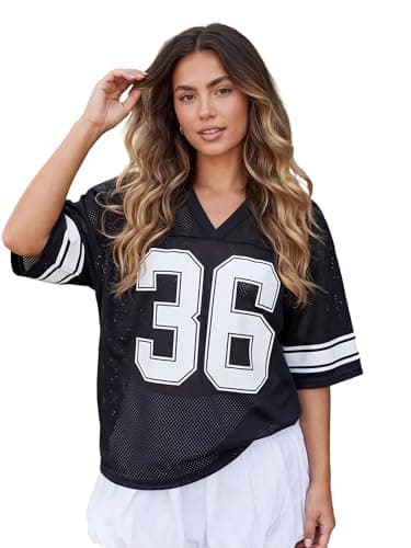 Image of LYSINK Women Oversized Jersey Shirts Y2k Number Graphic T-Shirt Summer Short Sleeve V Neck Loose Streetwear Top (C-Black, XL)