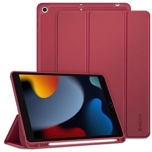 Image of CACOE Case Compatible with iPad 9th /8th /7th Generation 2021 2020 2019, 10.2 Inch Case with Pencil Holder, Soft TPU Back Cover Auto Wake/Sleep, Wine Red