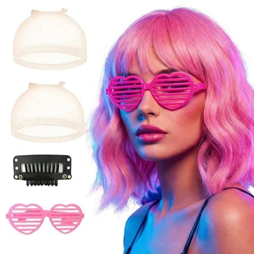 Image of Light Pink Wigs For Women,Loose Curly Pink Wig,Short Curly Wig With Bangs Including Wig Cap And Sunglasses For Halloween,Christmas Parties,Cosplay And Daily Use