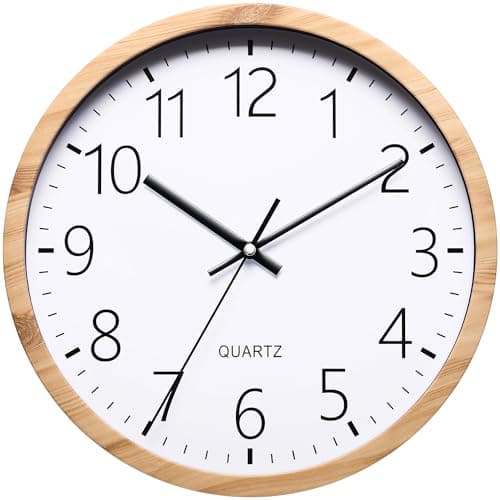 Image of NUOVO 12 Inch Imitation Wooden Round Wall Clock, Living Room, Bedroom, Kitchen, Quiet, No Ticks, Minimalist Modern Retro Wall Clock (30 cm 12 Inches)