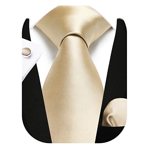 Image of Enlision Champagne Tie and Pocket Square Cufflinks Set Gold Ties for Men Silk Necktie with Handkerchief Set Wedding Party Formal