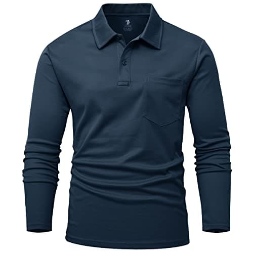 Image of Rdruko Mens Long Sleeve Polo Shirt Smart Casual Breathable Polyester Work T Shirts Wicking Quick Dry Golf Tops with Pocket Navy Blue XL
