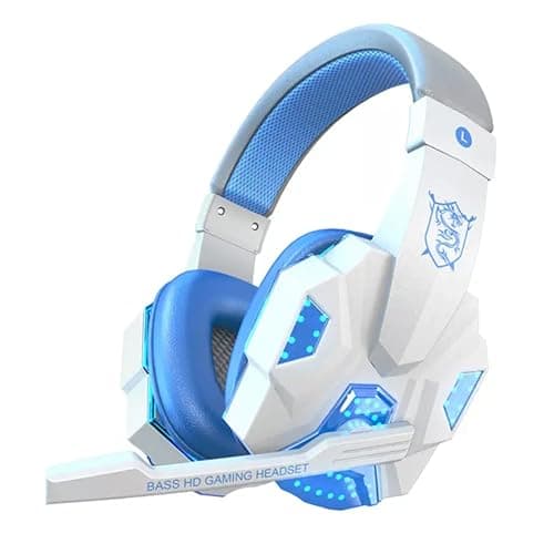 Image of eBoutik - Gaming Headphones with Microphone & Noise-Cancelling, 3.5mm Wired Jack & Surround Sound for Universal use Gaming, Streaming, Vlogging etc (White & Light Blue)