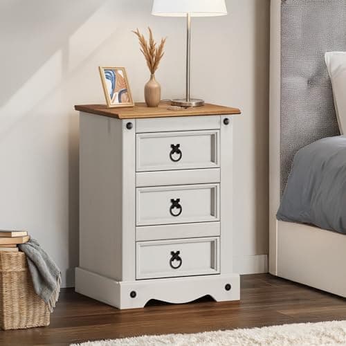 Image of Corona Bedside Cabinet Painted White Wax Medium 3 Drawer Table Solid Wood Pine Wooden Side End Lamp Table Unit Shabby Chic Mexican Bedroom Living Room Hallway Lounge 64cm High 45cm Wide 35cm Deep