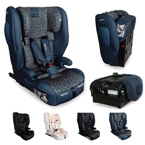 Image of My Babiie MBCS80 Foldable Toddler to Booster R129 Child Car Seat - ISOFIX with Top Tether, Harness, 76-150cm (Approx. 9-36kg, 15 Months - 12 Years), i-Size, Group 1/2/3, Forward Facing - Navy Leo