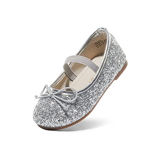 Image of DREAM PAIRS Girls Flat Shoes Glitter Bow Party Wedding Flower Sparkly Ballet Flats,Silver Size 7 UK Child