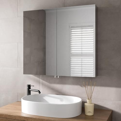 Image of Artis® 800 x 700mm Bathroom Mirror Cabinet Storage Wall Mounted Cupboard Ready Assembled Unit Double Mirrored Door, Stainless Steel