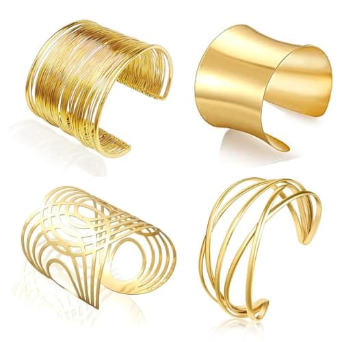 Image of KUIZHEN 4Pcs Bangle Wide, Open Metal Wire Bracelet, Bangle Cuff Bracelets for Women, Arm Cuff Bangle Bracelet Set for Women Girls (Gold)