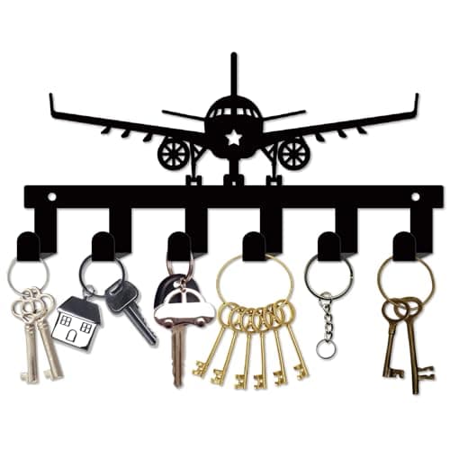 Image of CREATCABIN Decorative Metal Coat Hooks Key Holder Rack Wall Mounted Airplane Design Black Hat Towel Hanger Organizer Wall Art Decor with 6 Hooks for Hanging Entryway Living Room Bathroom 10.6 x 5.1in
