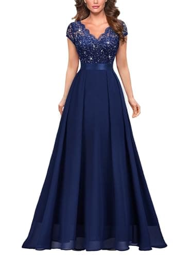 Image of MIUSOL Women's Elegant V-Neck Lace Emprie Waist Bridesmaids Party Gown Formal Maxi Dress (XX-Large, Sequins Version - Navy Blue)