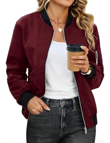 Image of CMTOP Womens Bomber Jacket Lightweight Zip Up Summer Jackets Casual Short Flight Jacket Windproof Transition Jackets with Pockets Solid Long Sleeve Spring Coat(Wine Red, M)