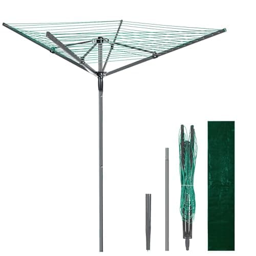 Image of Vivo Technologies 4 Arm 45M Rotary Washing Line Heavy Duty Clothes Airer Dryer for Outdoor & Garden, Folding Large Rotary Clothes Line with Metal Ground Spike and Cover, Green