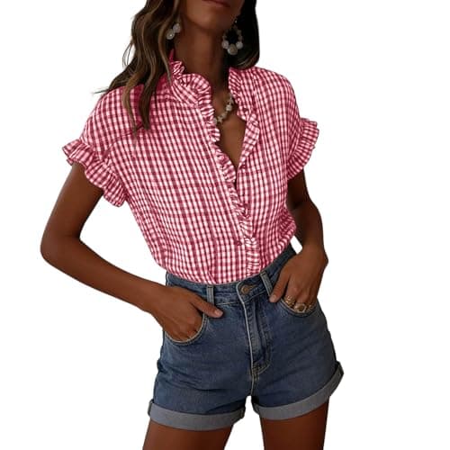 Image of Checked Shirts Womens Gingham Check Short Sleeve Blouses Button Down Shirt Ruffle Trim Stand Collar Blouse Casual Loose Fit Summer Top for Ladies Daily Wear Red XL