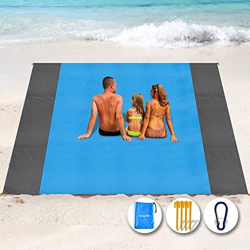 Image of Henrycares Beach Blanket Picnic Blanket, Extra Large 300 x 275cm Sandproof Waterproof Beach Mat with 4 Stakes for 7-10 Adults, Summer Essentials Outdoor Blanket for Travel Camping Hiking Picnic (Blue)