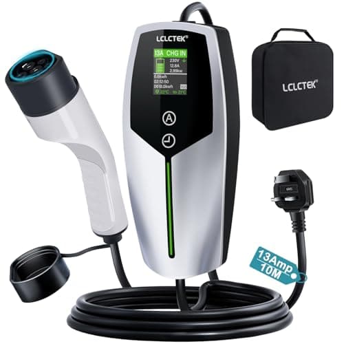Image of LCLCTEK® 3KW EV Charger Cable Type 2 to 3 Pin Plug 32Ft/10M,Portable UK 3 Pin EV Charger,Electric Car Charger [6/8/10/13A],Car-Charger with LED Display, IP65 Waterproof,Type 2 Cable EVs and PHEV