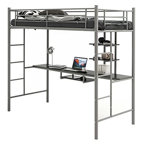 Image of COSTWAY Metal Bunk Bed with Desk, Shelves and Safety Guardrail, 2 Ladders Loft Bed Frame, Home Bedroom Dormitory Space-Saving Single High Sleeper for Kids, Teens and Adults (Silvery Grey)
