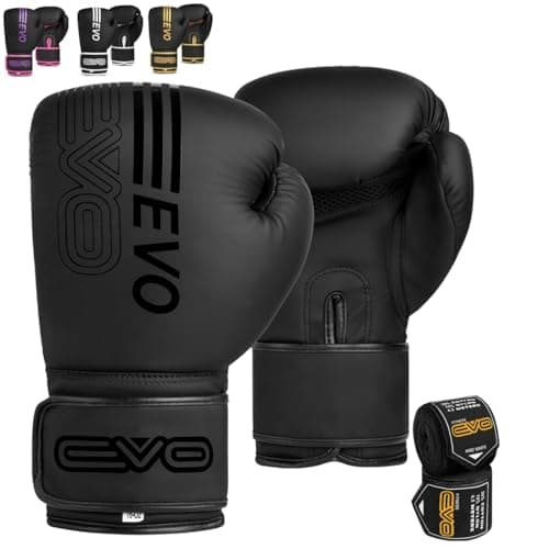 Image of EVO Fitness Matte Black Boxing Gloves MMA Muay Thai Martial Arts Kick Boxing Sparring Training Fighting Men Punch Bag Women Pink Gloves With Hand Wraps (Black, 14 OZ)