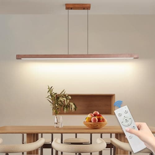 Image of Mikeru 120cm Modern Kitchen Island Lighting, Wood Hanging LED Pendant Light Dimmable 10% to 100% Pool Table Ceiling Lights 3000K/4500K/6500K Walnut Linear Chandelier for Living Room