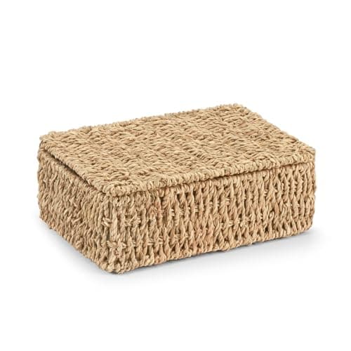 Image of Woodluv Storage Boxes with Lids, Woven Natural Seagrass, Nesting Storage Baskets for Shelves, Gift Hamper Basket | Shelf Hamper Organiser for Bathroom, Bedroom, Kitchen & Home Office, Small