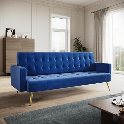 Image of ELEGANT Blue Velvet Sofa Bed Modern 3 Seater Click Clack Luxury Sofa Settee Recliner Couch with Square Armrest, Lounge Compact Sofa for Living Room, Bedroom, Apartment, Home Office