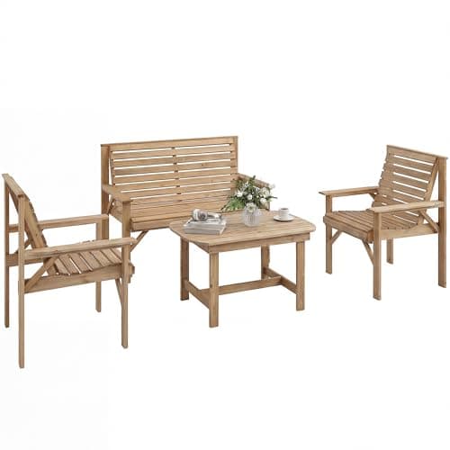 Image of Outsunny 4 Seater Wooden Garden Furniture Set, 4 Piece Garden Sofa Set with 2 Armchairs, Loveseat, Coffee Table, Slatted Wood Outdoor Conversation Furniture for Patio Balcony, Natural Wood Finish