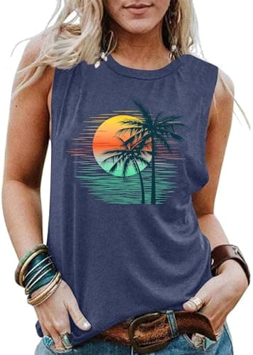 Image of VVNTY Hawaiian Tank Tops for Women Palm Trees Beach Vest Sunset Graphic Tops Summer Vacation Sleeveless Outfits (Blue2,XXL)