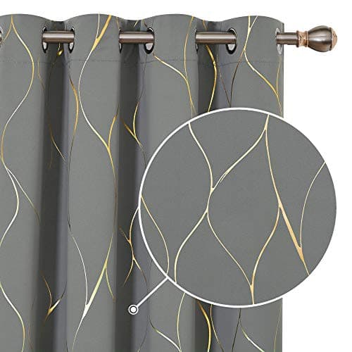 Image of Deconovo Grey Eyelet Blackout Curtains, Gold Wave Foil Printed Curtains for Living Room, 52 x 72 Inch (Width x Length), Grey, One Pair