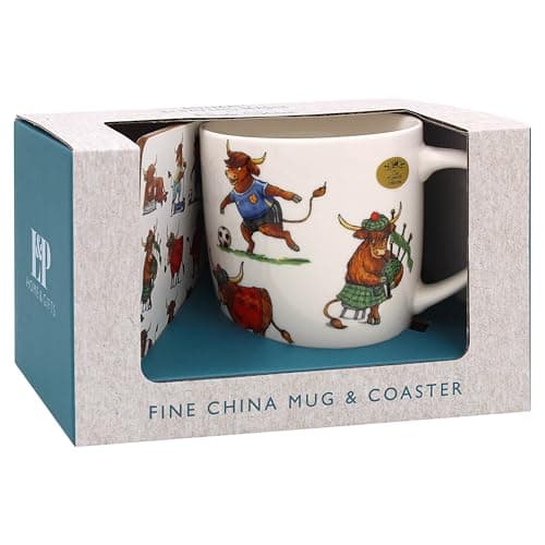 Image of THE Leonardo Collection Finola Stack Highland Cow Mug with Coaster for Home & Kitchen | Stylish Ceramic Mugs for Tea & Coffee | Lovely Cup Set for Mens Gifts & Birthday Gifts for Women