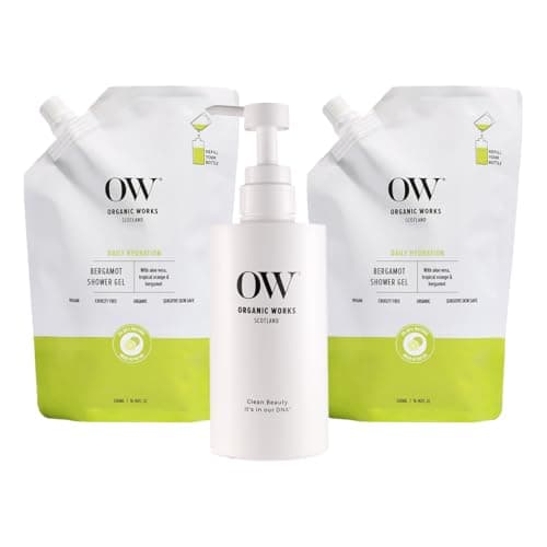 Image of Organic Works Bergamot Shower Gel - 500ml (Pack of 2) + Refill Bottle - Hypoallergenic Body Wash with Aloe Vera, Bergamot & Orange oils - Hydrating, Nourishing & Revitalising Care for All Skin Types