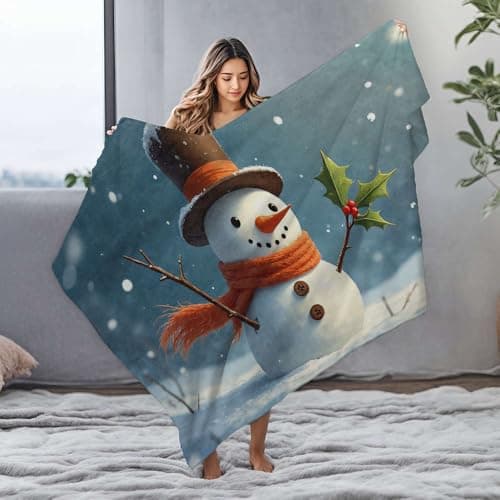 Image of PKRD Travel Blanket A Cheerful Snowman In A Top Hat And Scarf, Holding Holly. Flannel Blanket Puppy Blanket Soft Blanket(127x100cm)