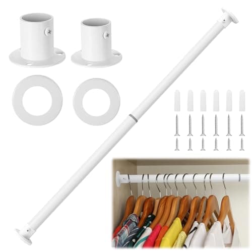 Image of 50-80cm Extendable Wardrobe Rail, Stainless Steel Adjustable Clothes Rail Pole with End Sockets,Wardrobe Pole and Fittings, Clothes Hanging Rail, White