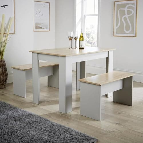 Image of Home Source Kitchen Dining Table, 2 Benches to Seat 4, Oak Effect Top, Grey