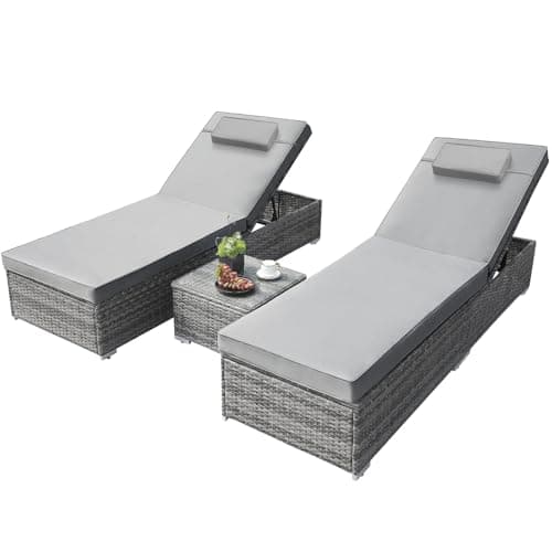Image of MAMIZO 3 PCS Rattan Sun Lounger, Garden Furniture Set, 5-Level Adjustable Recliner, Patio Sun Loungers Garden Outdoor Day Bed with Detachable Headrest, 8cm Thick Cushion and Coffee Table, Grey