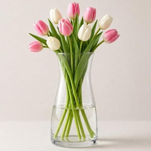 Image of Vzmiza Clear Glass Vase, Premium Quality Flower VaseNon-Slip Pad, White VaseRustic Home Decor, Decorative VaseModern Farmhouse, Ideal Shelf, Mantle, Table & Entryway Decor, Transparent, 20x9.4x9.4 cm