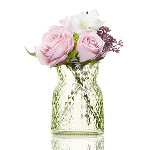 Image of Wrenbury Small Green Glass Vase for Flowers 16cm – Decorative Wide Neck Olive Vase for Roses, Posy, Peony, Tulips – Short Vases for Table Decoration for Mothers Day