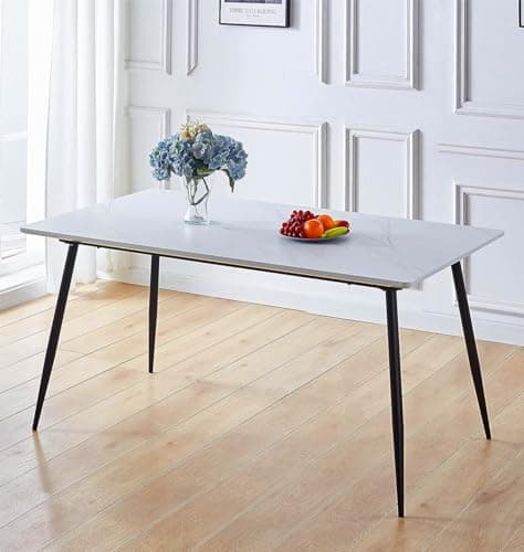 Image of Hallowood Furniture Cullompton Large Rectangular Marble Effect Top White Dining Table with Black Metal Legs, 6-8 Seater Dinner Table for Dining Rooms, Kitchens, or Cafés (160 x 90 cm)
